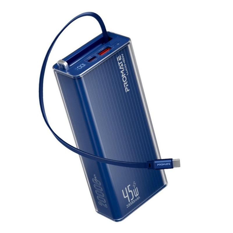 بنك طاقة بروميت بسعة 20000 مللي أمبير مع شحن سريع usb-c pd بقوة 45 واط، وكابل usb-c قابل للسحب، وشاشة عرض رقمية led، امكانية شحن ثلاثة أجهزة، تصميم غلاف شفاف (lucid-45w)