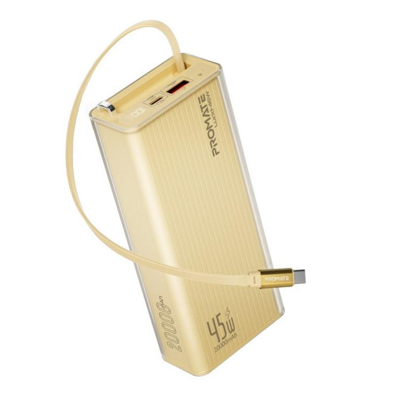 بنك طاقة بروميت بسعة 20000 مللي أمبير مع شحن سريع usb-c pd بقوة 45 واط، وكابل usb-c قابل للسحب، وشاشة عرض رقمية led، امكانية شحن ثلاثة أجهزة، تصميم غلاف شفاف (lucid-45w)