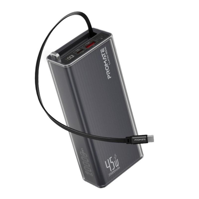بنك طاقة بروميت بسعة 20000 مللي أمبير مع شحن سريع usb-c pd بقوة 45 واط، وكابل usb-c قابل للسحب، وشاشة عرض رقمية led، امكانية شحن ثلاثة أجهزة، تصميم غلاف شفاف (lucid-45w)