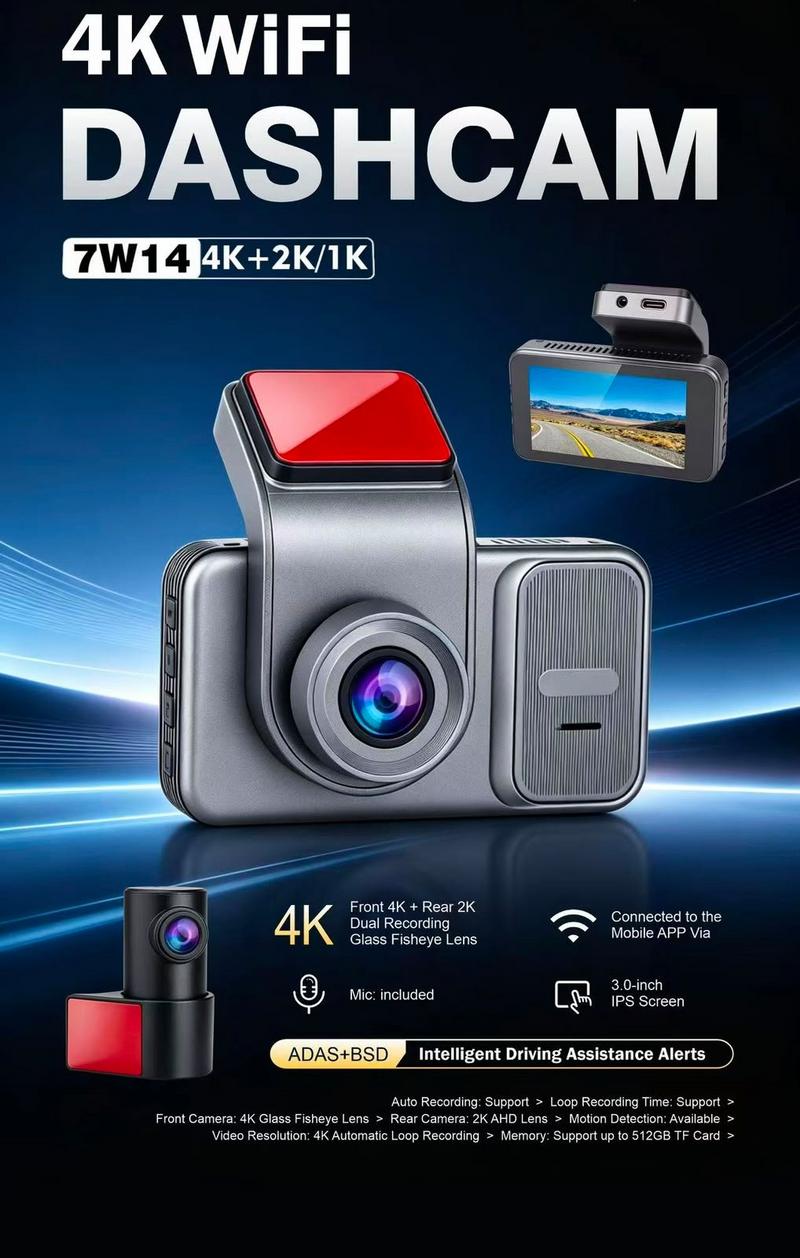 ام ان تي، داش كام أمامية وخلفية 4K+1080P للسيارة، شاشة 3 بوصة IPS، WDR، Wi-Fi 2.4/5GHz، رؤية ليلية، G-Sensor، تسجيل صوت وفيديو، مع كيبل فيوزات