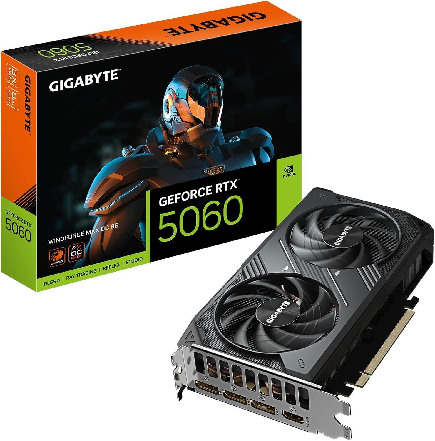 بطاقة الرسوميات gigabyte geforce rtx 5060 windforce max oc 8g - ذاكرة 8 جيجابايت gddr7، ناقل بيانات 128-بت، واجهة pci-e 5.0، سرعة تردد النواة 2512 ميجاهرتز، 3 منافذ dp، منفذ hdmi واحد، تقنية nvidia d 1