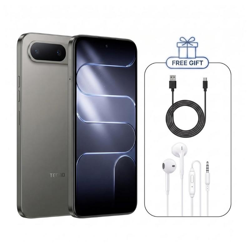 جوال تكنو سبارك 50 يدعم 5g+ ذاكرة 128+4 جيجابايت مع بطارية 6500 مللي أمبير + سماعات سلكية ريفرسونج وكابل تايب سي مجاناً - رمادي تيتانيوم