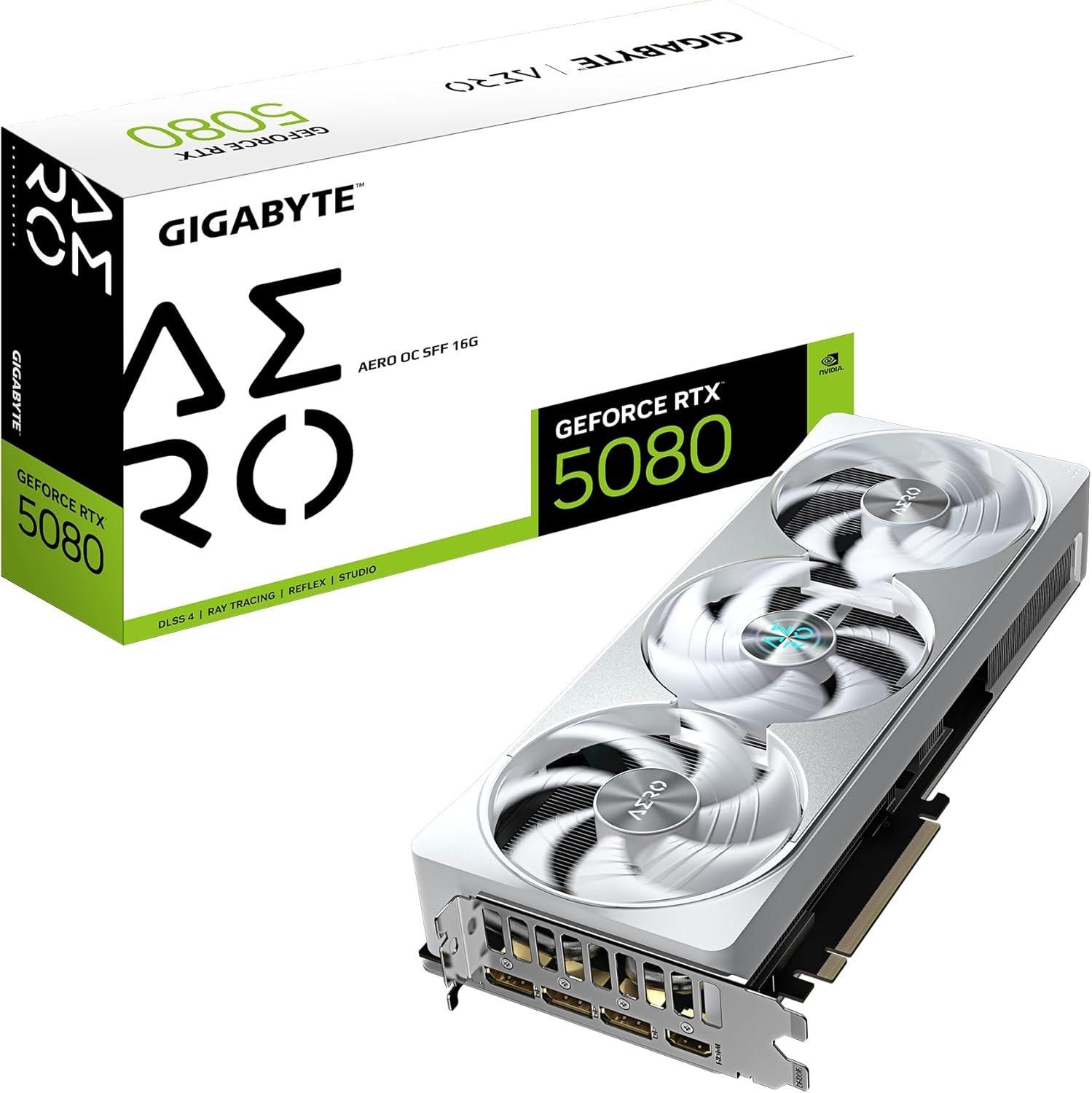 بطاقة الرسوميات gigabyte geforce rtx 5080 aero oc sff 16g - سعة 16 جيجابايت gddr7، ناقل بيانات 256-بت، واجهة pci-e 5.0، سرعة تردد النواة 2730 ميجاهرتز، 3 منافذ displayport، منفذ hdmi واحد، طراز gv-n5 1