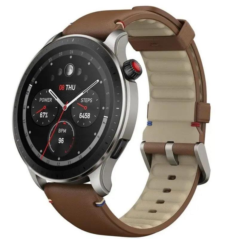 ساعة أمازفيت جي تي ار 4 الذكية شاشة اموليد دائرية 1.43 بوصة لون بني جلد | ساعة amazfit gtr 4 بنظام gps ثنائي النطاق ومكالمات وبطارية 14 يوم