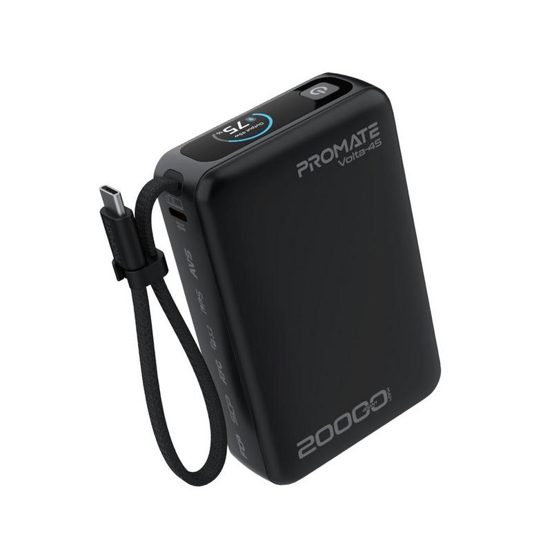 بنك طاقة بروميت 45 واط بتقنية الشحن السريع pd بسعة 20000 مللي أمبير مع كابل usb-c مدمج، وشاشة عرض ذكية لحالة البطارية، شحن ثلاثة أجهزة بنفس الوقت، شحن محمول سريع لأجهزة الكمبيوتر المحمولة والأجهزة ال