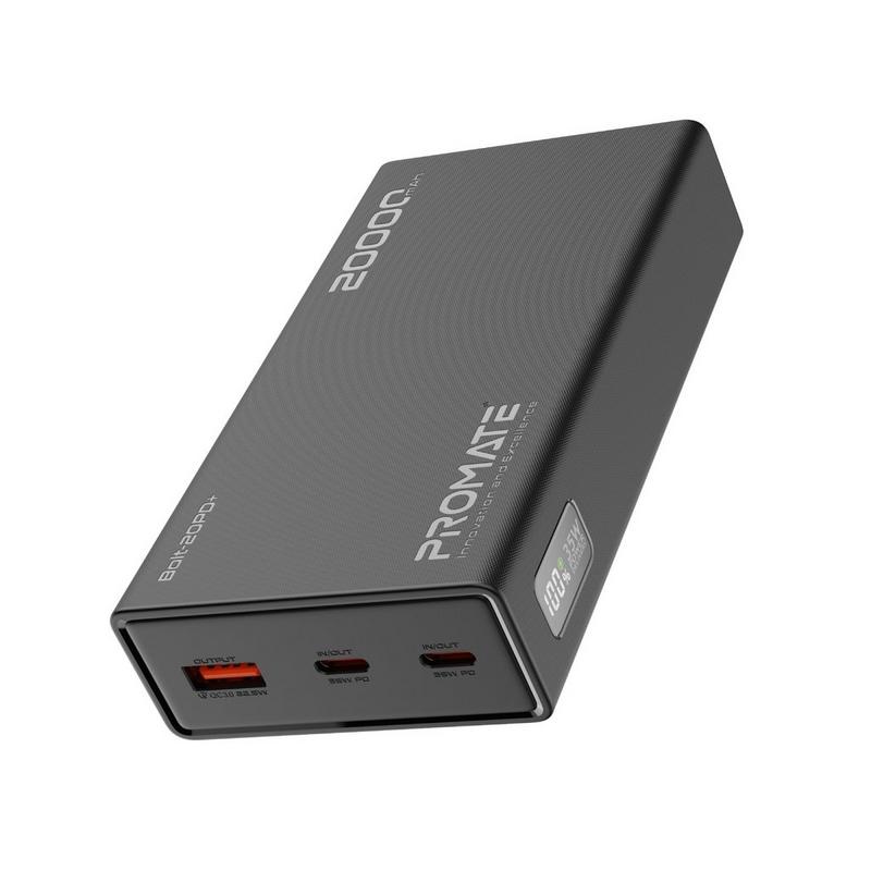 باور بانك بروميت بسعة 20000 مللي أمبير، مزود بتقنية توصيل الطاقة usb-c بقدرة 35 واط، وشحن سريع usb-a، ومنفذي usb-c، ويشحن 3 أجهزة، وشاشة عرض نسبة الشحن led، وشاحن بطارية نحيف للسفر (bolt-20pd+).