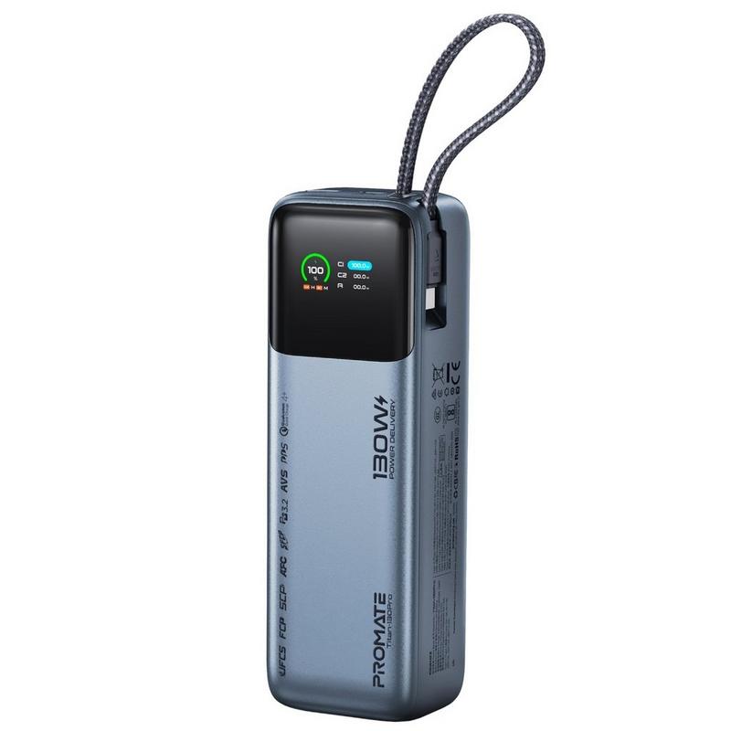 بنك طاقة بروميت بسعة 20000 مللي أمبير، وقوة 130 واط، مزود بكابل usb-c مدمج، ومنفذ usb-a للشحن السريع، وكابل usb-c بتقنية pd بقوة 240 واط، وشاشة tft ذكية، شحن ثلاثة أجهزة بنفس الوقت (titan-130pro).