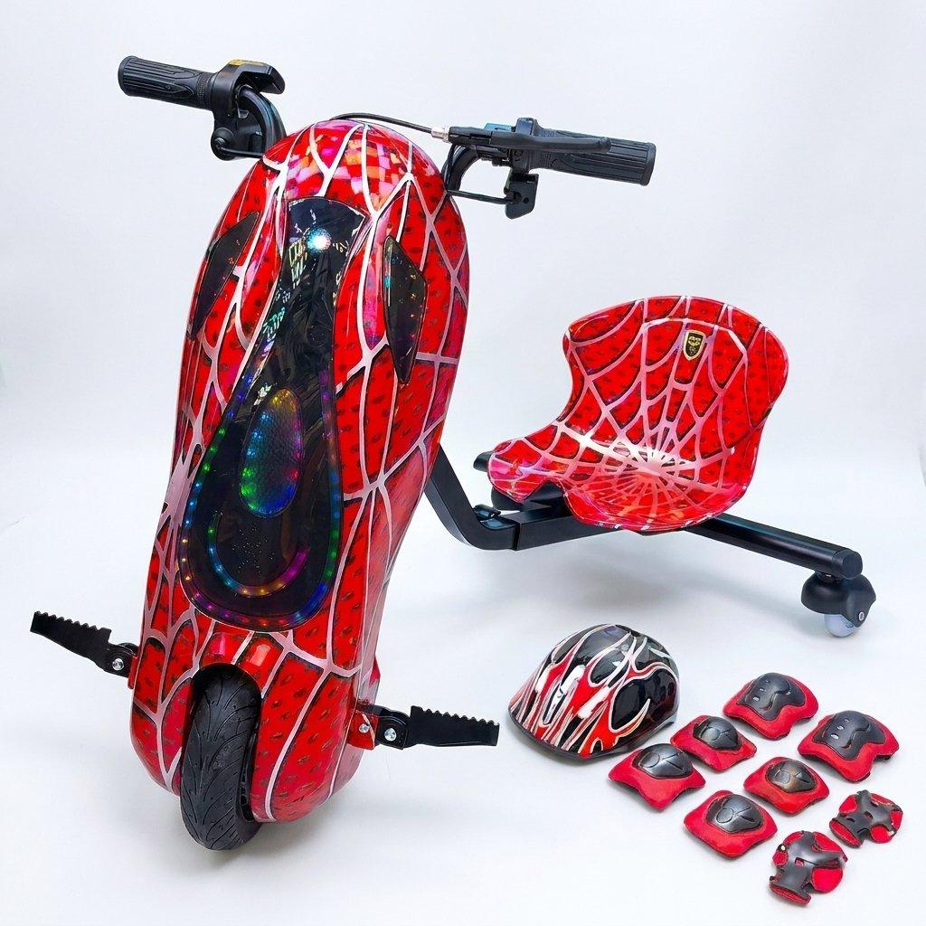 Electric drifting trike scooter for kids large size 36v 5200mah battery – black dynamo motor led lights brakes safety gear set 1