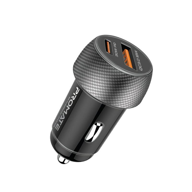 شاحن سيارة promate بمنفذي usb وقدرة إجمالية 48 واط، يضم منفذ usb-c بتقنية pd (قدرة 30 واط) ومنفذ usb-a بتقنية quick charge 3.0 (قدرة 18 واط) مع دعم تقنية الشحن السريع pps؛ محول سيارة مدمج الحجم للهوا