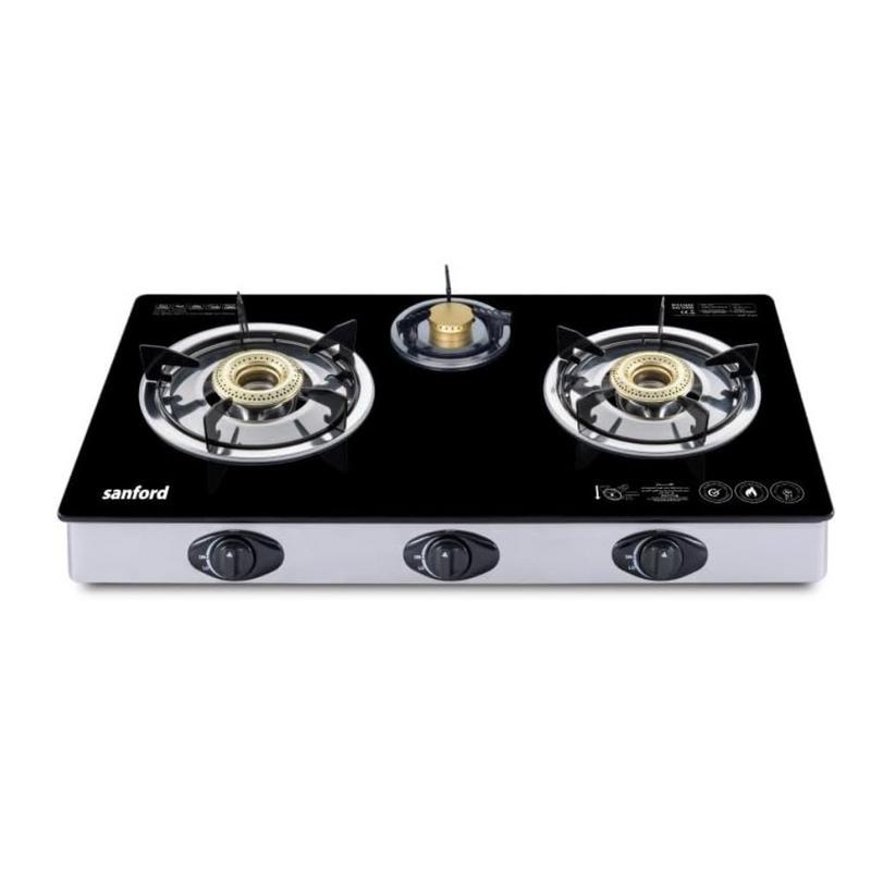 موقد غاز سطحي زجاج مقوى 8 ملم 3 شعلات نحاسية مع إشعال تلقائي من سانفورد أسود موديل sf5326gc-b