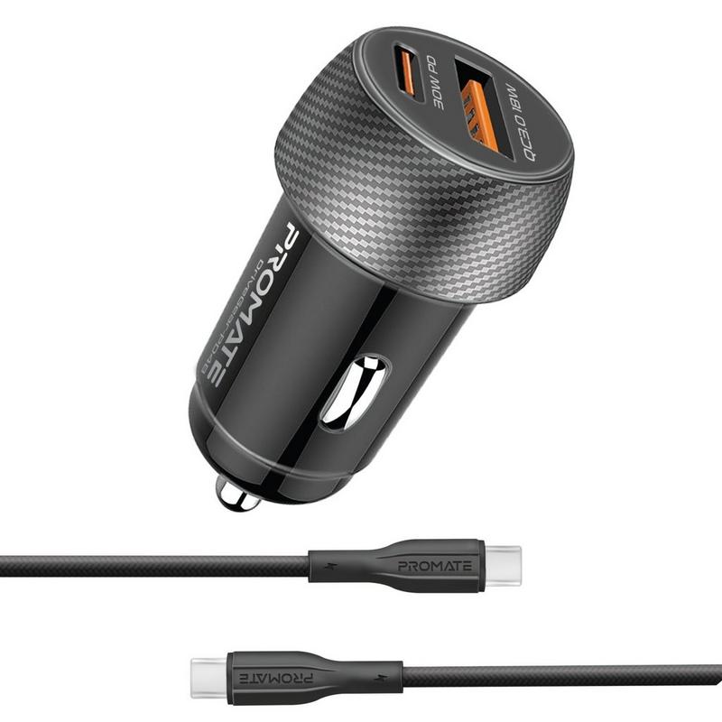 شاحن سيارة promate بمنفذي usb وقدرة إجمالية 48 واط، يضم منفذ usb-c بتقنية pd (قدرة 30 واط) ومنفذ usb-a بتقنية quick charge 3.0 (قدرة 18 واط) مع دعم تقنية الشحن السريع pps، ويشمل كابل usb-c إلى usb-c