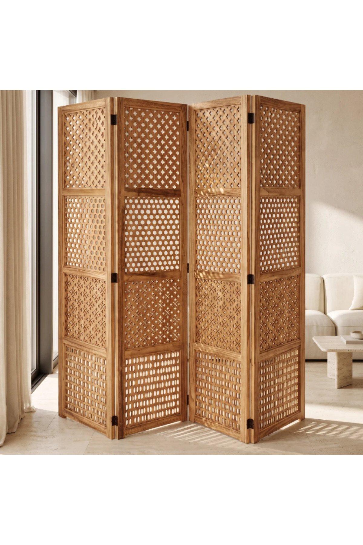 An elegant wooden folding room divider featuring four panels with ...